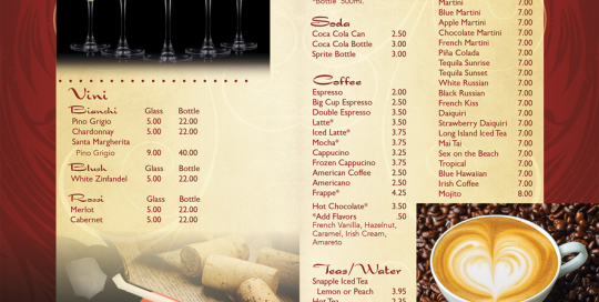 Inside of a beverage menu featuring marguerita drinks, wine, and coffee.