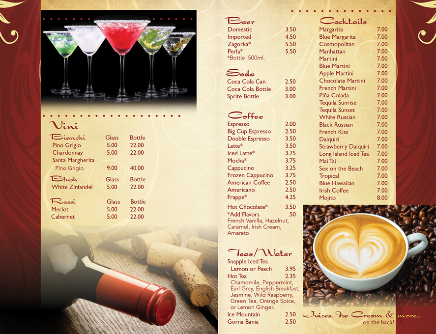 Inside of a beverage menu featuring marguerita drinks, wine, and coffee.