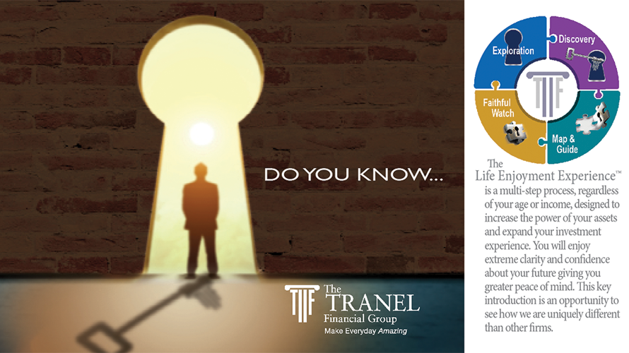 Brochure for The Tranel Financial Group. Man in front of a doorway shaped like a keyhole. His shadow is in the shape of a key. Infographic
