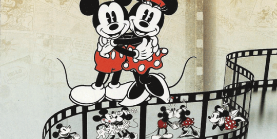 Cover of a Mickey and Minnie Mouse brochure standing on a film strip of Mickey and Minnie.