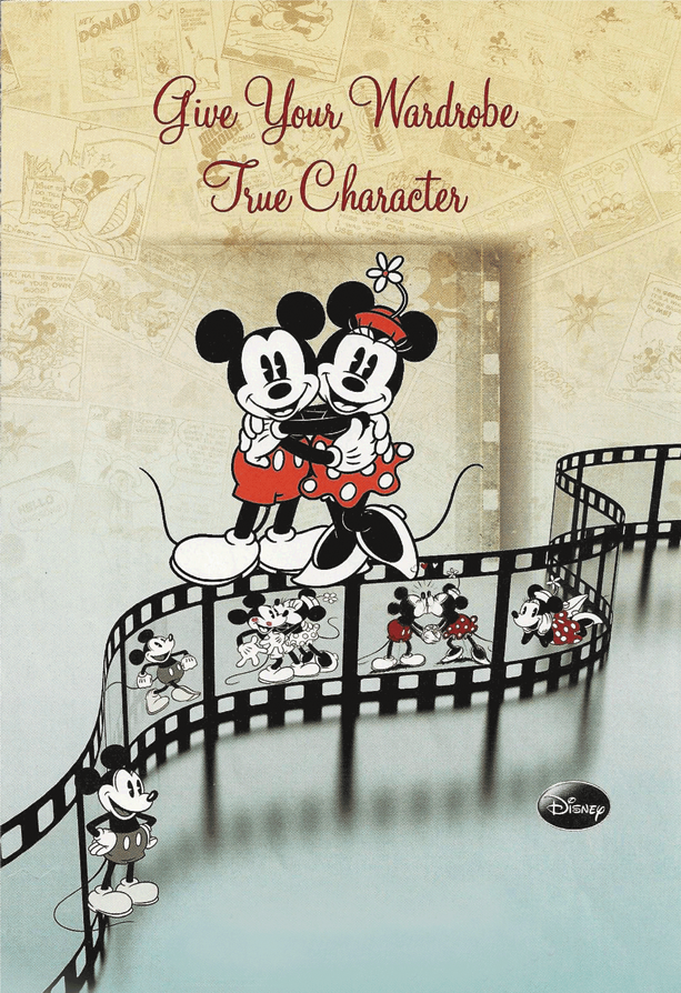 Cover of a Mickey and Minnie Mouse brochure standing on a film strip of Mickey and Minnie.